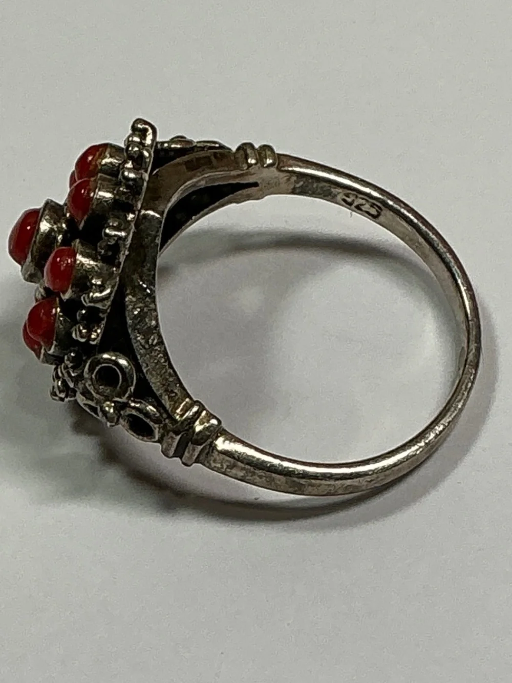 Sterling Silver Red Coral Cluster Ring. Size 6.5